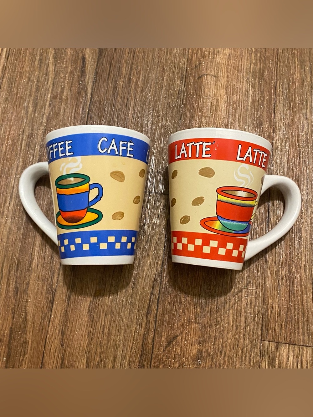Set Lot Of 2 Coffee Mug Mugs Cup Coffee Cafe Blue & Latte Red 16oz 4.5”H x3.75”W